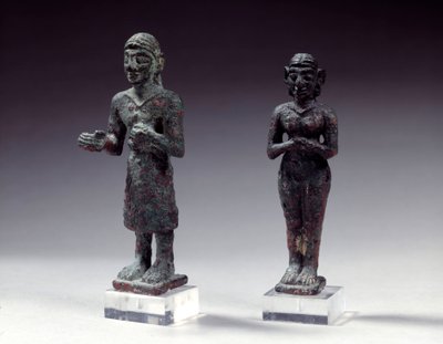 Statuettes of Worshipers and Goddess in Bronze by Syrian Syrian