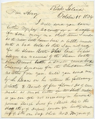 Letter signed T.F. Smith, Rock Island, to Henry Chouteau, St. Louis, Mo., October 18, 1834 by T.F. Smith