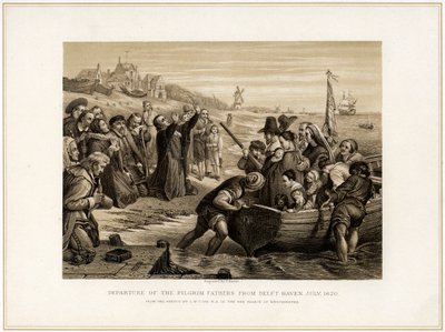 Departure of the Pilgrim Fathers from Delft Haven, July 1620, 19th Century by T Bauer