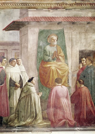 St. Peter on the Throne, from the Raising of the Son of Theophilus, and St. Peter Enthroned as First Bishop of Antioch (detail) by Tommaso Masaccio