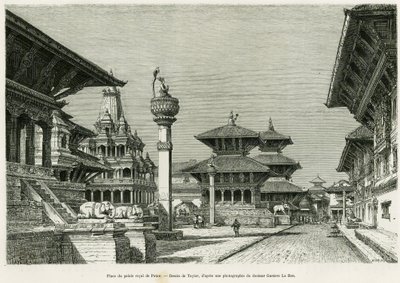 Place of the Royal Palace of Patan (Present Lalitpur). Engraving to illustrate the story Voyage au Nepal, by Dr. Gustave Le Bon, in le tour du monde 1886, directed by Edouard Charton, Hachette, Paris. by T Taylor