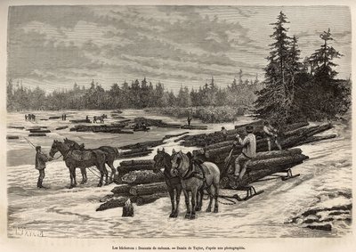 The descent of the rafts in Ontario, the loggers unload the cut trunks and install them on the frosty river, then during the thaw, the trunks will be carried by the current to the place where they will be discharged and transformed, engraving after a draw by T Taylor