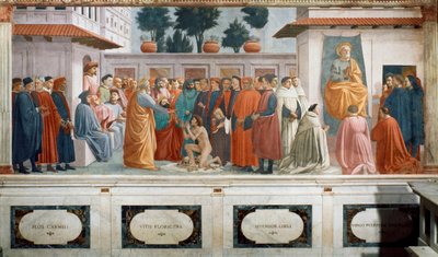 The Raising of the Son of Theophilus, the King of Antioch, and St. Peter Enthroned as First Bishop of Antioch, c.1427 and c.1480 by T. Masaccio, F. Lippi