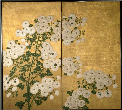 Screen panels decorated with flowers by Tabukun Hokio
