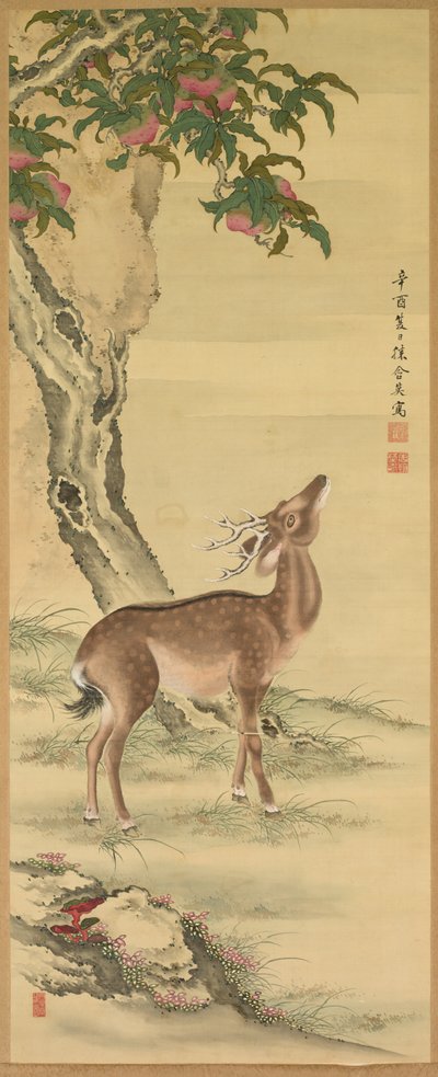 Symbols of Longevity: Deer under Peach and Pine, Pair of hanging scrolls by Tadanaka Toda