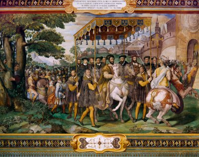 Francis I welcoming Charles V and Cardinal Alessio Farnese in Paris by Taddeo Zuccari