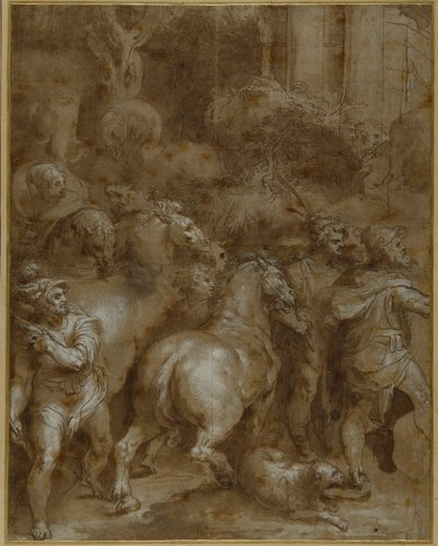 Horses and men, facing right by Taddeo Zuccaro
