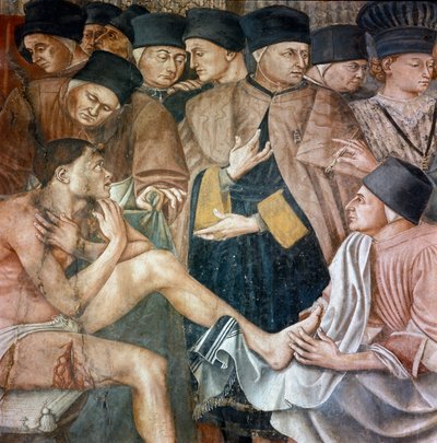 Care of the sick in a hospital, nurses wash the feet of a wounded pilgrim (Detail) by Taddeo di Bartolo