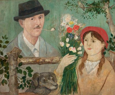Idyll by the Fence (Self-Portrait, Girl with Flowers and Dog) by Tadeusz Makowski