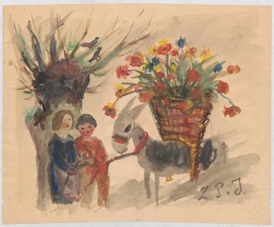 Name Day Card for Maria Mickiewicz with a Drawing Depicting Two Children Leading a Donkey with a Large Basket of Flowers on Its Back by Tadeusz Makowski