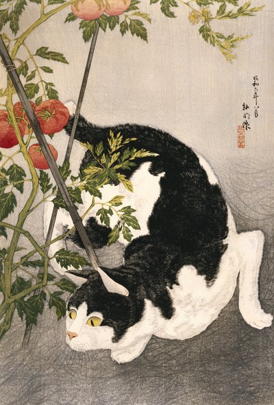 Cat Prowling Around a Staked Tomato Plant, 1931 by Takahashi Hiroaki