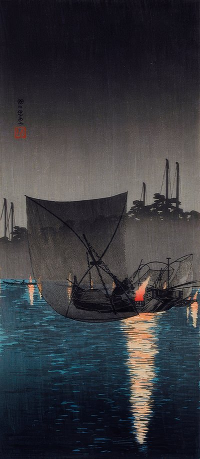 Tsukuda Island, Fishing Nets at Night by Takahashi Hiroaki