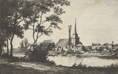 Town with a Church Across a River by Tancrède Abraham