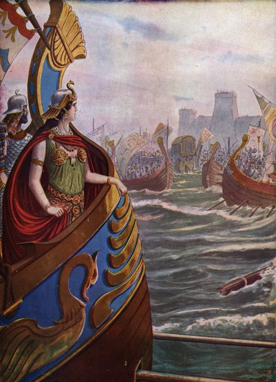 Antiquity, Roman Civil War: Egyptian Queen Cleopatra VII Thea Philopator (69-30 BC) at the Battle of Actium in the Ambracic Gulf on 2 September 31 BC against the Fleet of Octavian by Tancredi Scarpelli