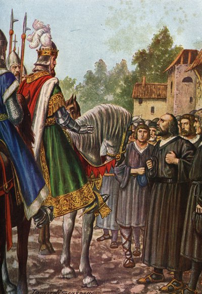Emperor Frederic I Barbarossa (1122-1190) on his second trip to Italy in 1158 passes the river Adda and meets the people of Lodi who beg him to get their territory back (Illustration by Tancredi Scarpelli from Storia d