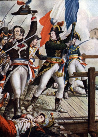 First Italian Campaign: Napoleon Bonaparte (1769-1821) at the Battle of the Bridge of Arcole, November 1796 (Illustration by Tancredi Scarpelli from Storia d