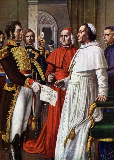 Pope Pius VII, prisoner at the castle of Fontainebleau, consented to sign, on 25/01/1813, the Concordat of Fontainebleau (1813), by which he abdicated his temporal sovereignty, part of his spiritual authority (Pope Pius VII confined in France in the castle by Tancredi Scarpelli