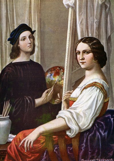 Portrait of the painter Raphael (Raffaello Sanzio 1483 - 1520) painting the Fornarina (Illustration by Tancredi Scarpelli from Storia d