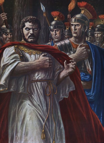 Roman Antiquity: The death of the Roman Emperor Caracalla, assassinated near Harran on April 8, 217, with a sword, by Martialis, one of the officers of his close guard (Illustration by Tancredi Scarpelli) by Tancredi Scarpelli