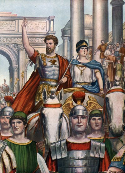 Roman Antiquity: Emperor Septimius Severus (145-211) returns to Rome with his wife Julia Domna (170-217) in 193 AD by Tancredi Scarpelli