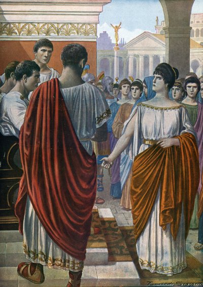 Roman Antiquity: Hortensia, leader of the Roman matrones hit by a new tax, advocates for them to the Triumviri, 42 BC (Illustration by Tancredi Scarpelli) by Tancredi Scarpelli