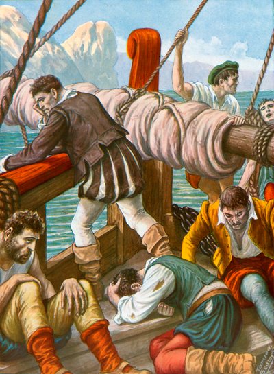 The crew of the Spanish ship Trinidad decimated by hunger and illness by Tancredi Scarpelli