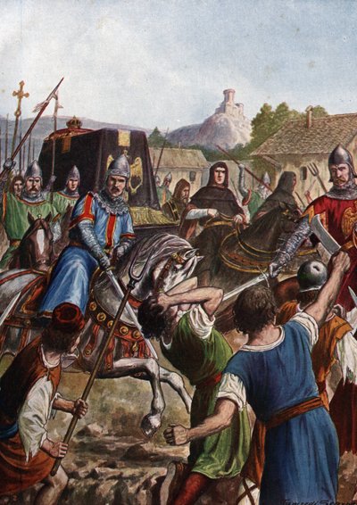 The funeral cortege of Emperor Otto III of the Holy Roman Empire (980-1002) takes the remains through Italy towards Aachen fighting in its passage against revolted populations by Tancredi Scarpelli