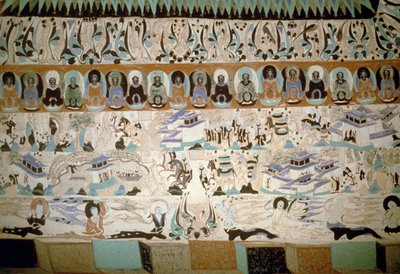 Buddha and scenes of everyday life, fresco dating back to the Tang Dynasty, China, 7th-10th century by Tang Dynasty Chinese School
