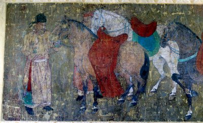 Chinese Art: Two Palefreniers Driving Four Horses in an Imperiale Stable (detail) by Tang Dynasty Chinese School