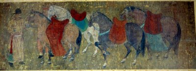 Chinese Art: two palefreniers driving four horses in an imperial stable. Fragment of a silk paint roll attributed to Han Kan, painter of the court of Emperor Hiuan Tsong. Tang period. Paris, Musee Cernuschi by Tang Dynasty Chinese School