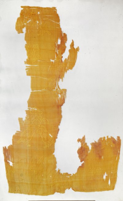 Fragment of material with patterns of floral motifs and mandarin ducks by Tang Dynasty Chinese School