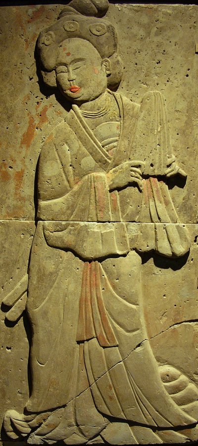 Terracotta stele with musician, Tang Dynasty (618-907), discovered in Shaanxi Province, Steles Forest Museum in Xian (Photography, Leonard de Selva, China, 2006) by Tang Dynasty Chinese School