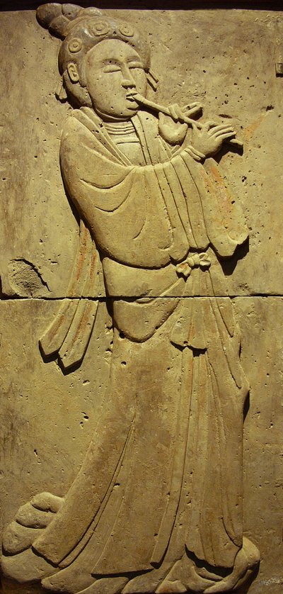 Terracotta stele with musician, Tang Dynasty (618-907), discovered in Shaanxi Province, Steles Forest Museum in Xian. Photography, Leonard de Selva, China, 2006 by Tang Dynasty Chinese School