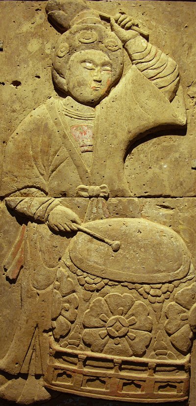 Terracotta stele with musician, Tang Dynasty (618-907), discovered in Shaanxi Province, Steles Forest Museum in Xian by Tang Dynasty Chinese School