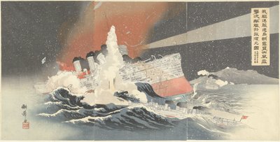 Our Torpedo Boats Hayatori and Asagiri Destroy Enemy Ships During a Snowstorm in Port Arthur by Taniguchi Kokyo