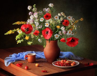 Fresh Poppies and Cherries by Tatyana Skorokhod