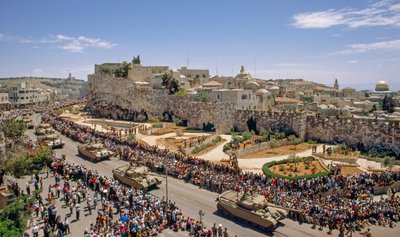 Israeli weapons and soldiers parade on Independence Day through former Jordanian sector by Ted Spiegel