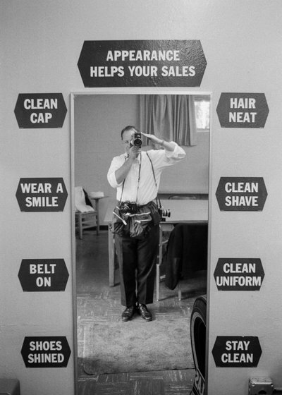 Photographer Ted Spiegel self-portrait at Chevron station training school by Ted Spiegel
