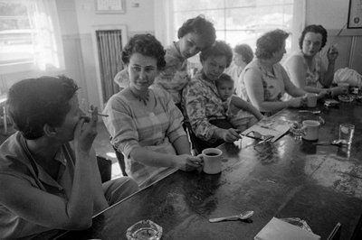 Women at a counter chat over breakfast in a diner in Oregon by Ted Spiegel