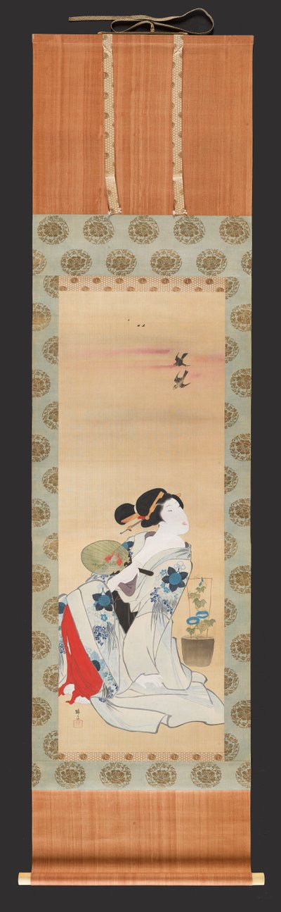 Beauty Holding a Fan Seated beside a Pot of Morning Glory by Teisai Hokuba