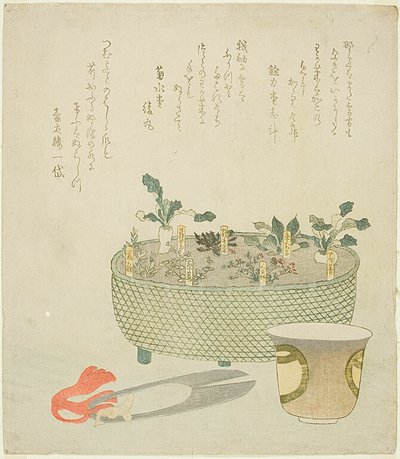 The Seven Herbs, with Scissors and Teacup by Teisai Hokuba