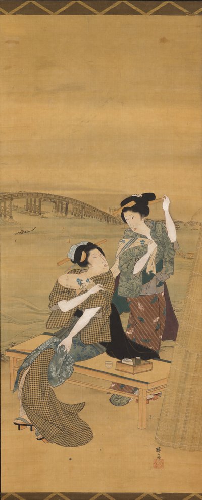 Two Beautiful Women Pause at a Tea Shop Overlooking Azuma Bridge by Teisai Hokuba