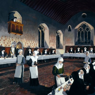 Reconstruction of the refectory during the 15th century, Denny Abbey, Cambridgeshire by Terry Ball
