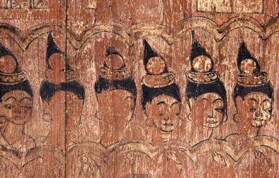 A series of walking damsels painted on the eaves of the roof of Viharn Nam Tam by Thai School