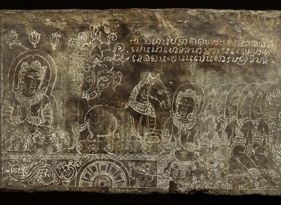 Engraved stone panel depicting the Bhojajania Jataka Tale, from Wat Si Chum, Sukhothai, 14th-15th century by Thai School