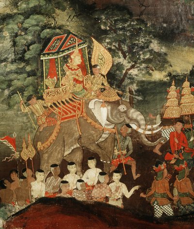 King Vessantara on a White Elephant Meets the Brahmins, Scene from Vessantara Jataka, Early 19th Century by Thai School
