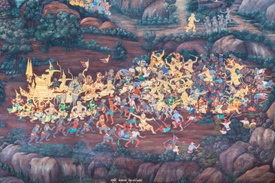 Mural depicting scenes from the Ramayana at Wat Phra Kaeo, the Royal Grand Palace, Bangkok, Thailand by Thai School