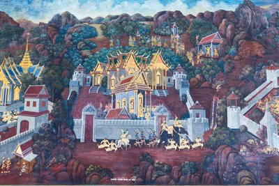 Mural depicting scenes from the Ramayana at Wat Phra Kaeo, the Royal Grand Palace, Bangkok, Thailand by Thai School