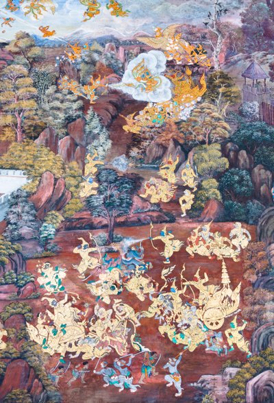 Mural depicting scenes from the Ramayana at Wat Phra Kaeo, the Royal Grand Palace, Bangkok, Thailand by Thai School
