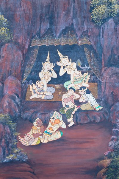 Mural depicting scenes from the Ramayana at Wat Phra Kaeo, the Royal Grand Palace, Bangkok, Thailand by Thai School